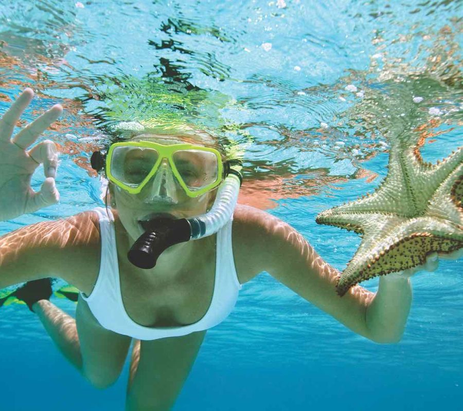 woman snorkeling with a starfish